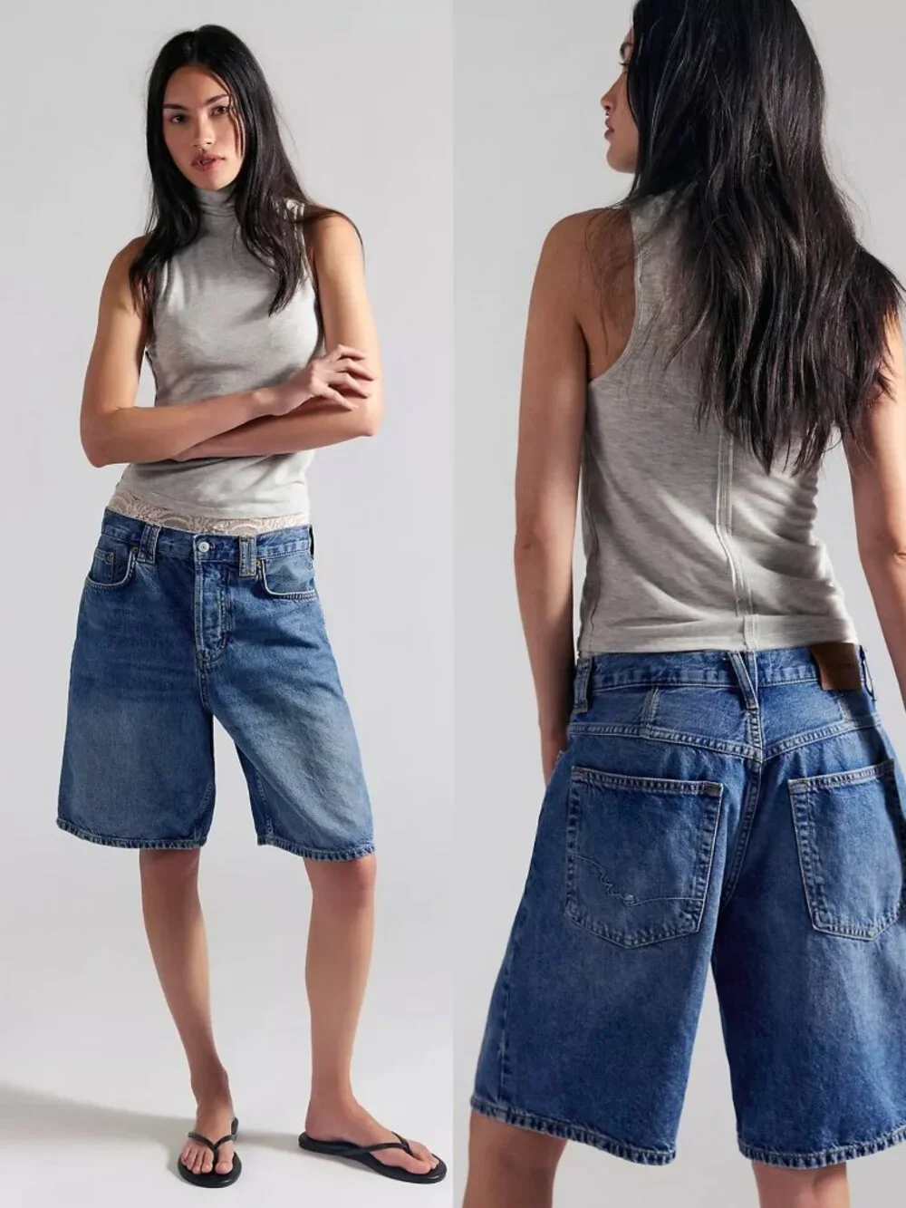 FREE PEOPLE Montana Short Long Denim Shorts Baggy Loose Bermuda Light Wash sz 27